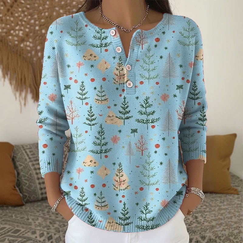 Christmas Tree Art Print Buttoned Cardigan Sweater - Blue - 5XL - image 3