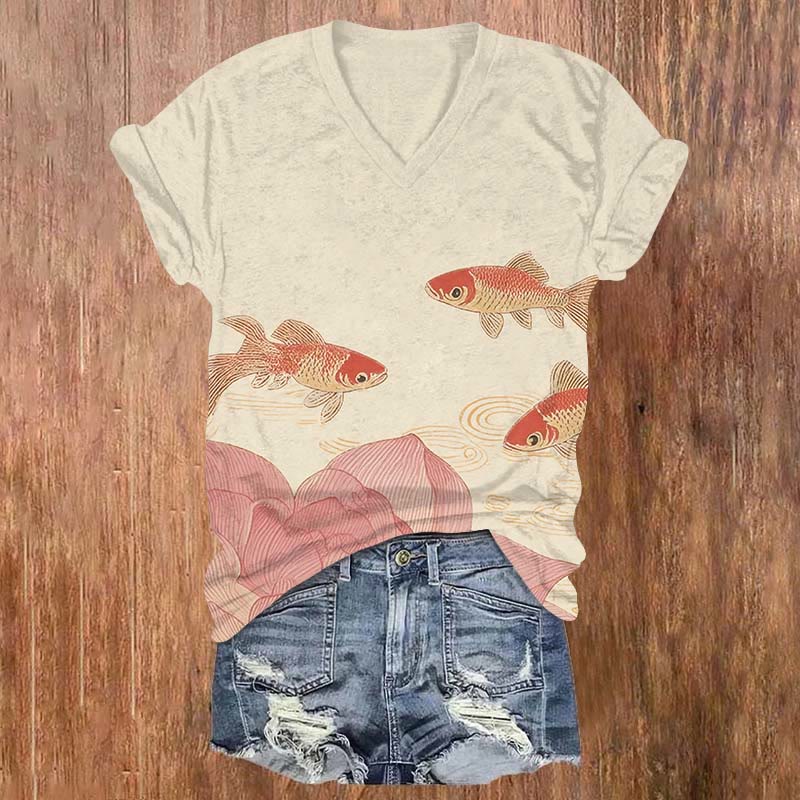 Lotus & Koi Japanese Art Print V-neck T-shirt - Apricot - US32-34(5XL) - image 3