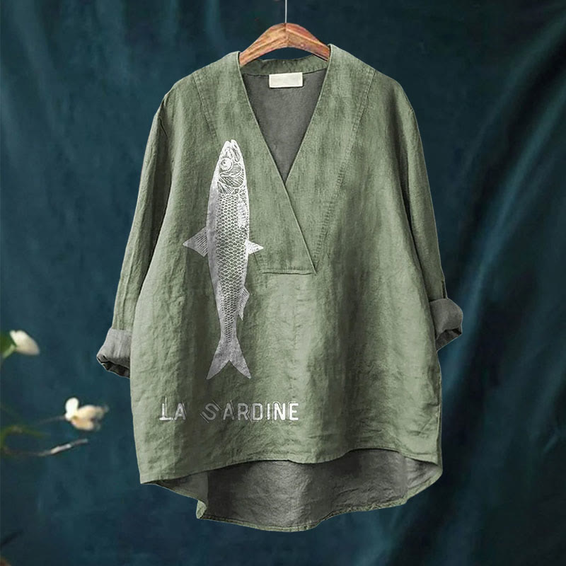 Dashingsoul Sardine Fish Graphic Printed Casual V-neck Shirt