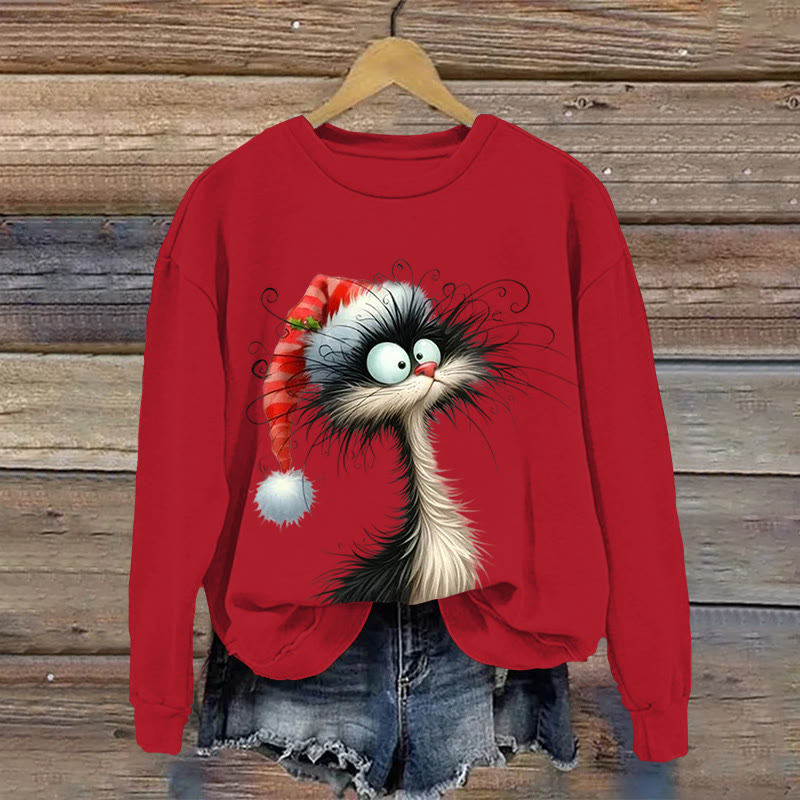 Christmas Cat Pattern Print Long Sleeve Sweatshirt - Red - US16-18(2XL) - image 3