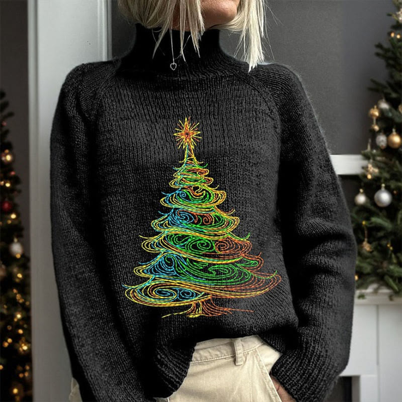 Christmas Tree Embroidery Art Print Turtleneck Pullover Sweater - image 2