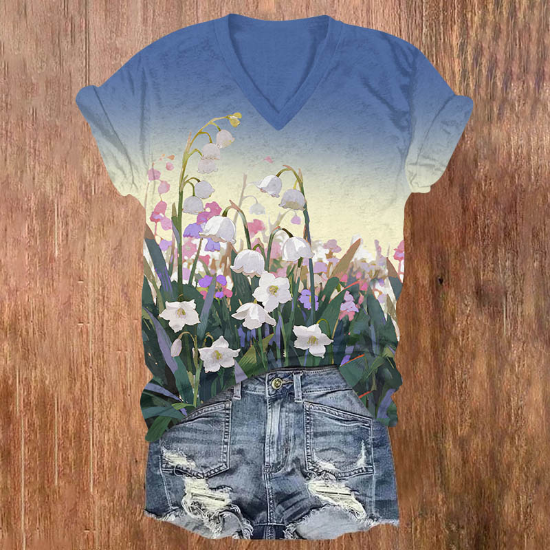 Ombre Campanula Blossom Art Print V-neck T-shirt - Blue - US32-34(5XL) - image 2