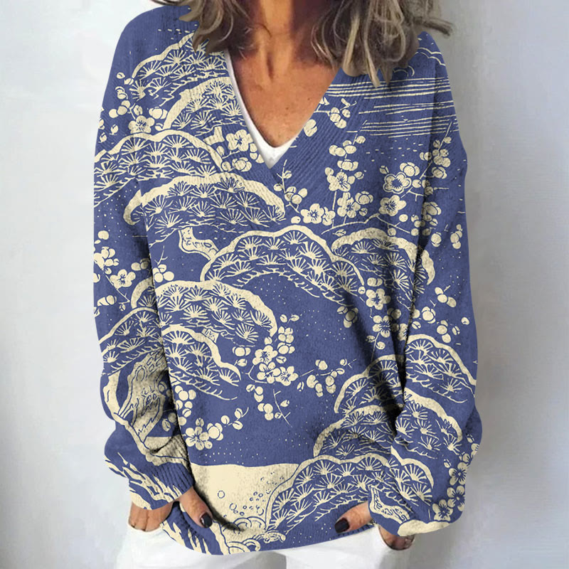 Women's Japanese Art Plum Blossom Art Print Causal V-neck Pullover Sweater - Blue - 4XL - image 4