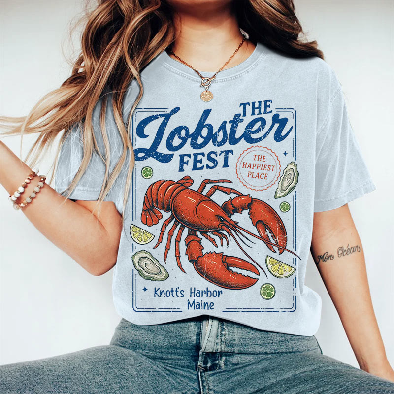 100% Cotton Women's The Lobster Fest Art Print Casual T-shirt - Blue - 2XL - image 8