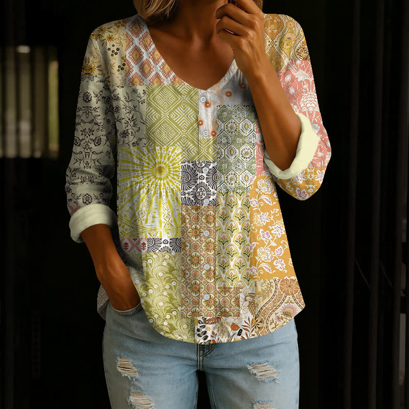 Boho Pastoral Floral Ethnic Patchwork Print Button V-neck A-line Long Sleeve Blouse - Khaki - 4XL - image 3