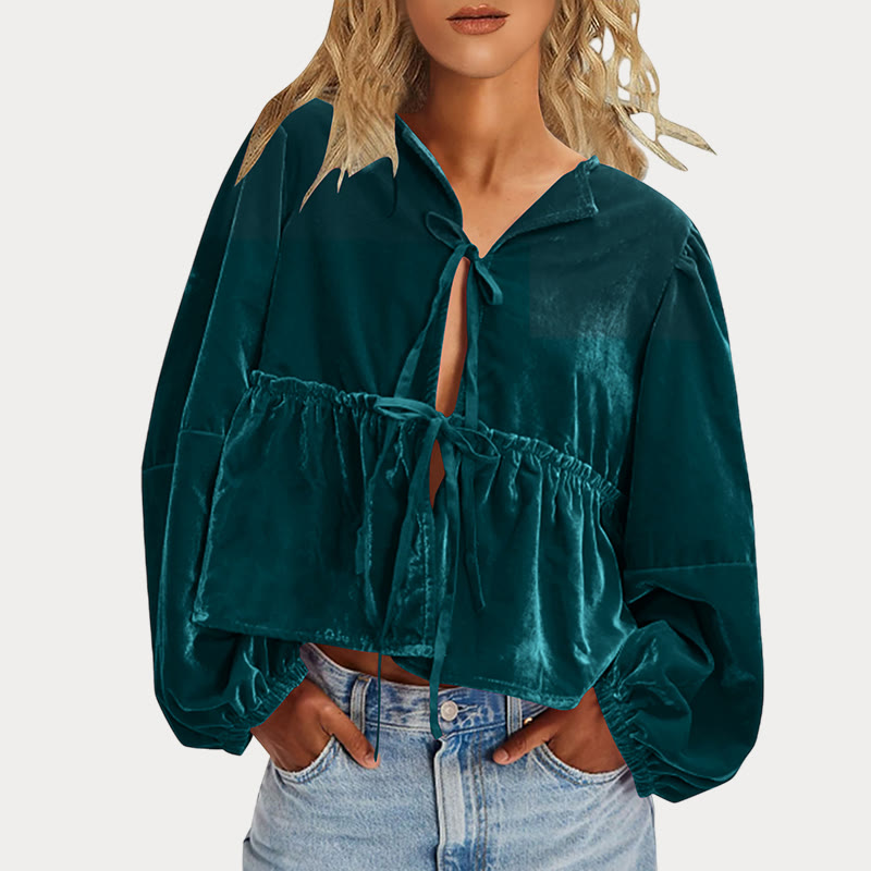 Women's V-neck Ruffled Solid Color Velvet Blouse - Dark Green - 2XL - image 8
