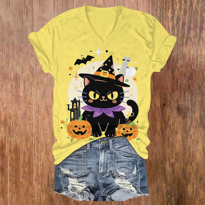 Halloween Funny Wizard Black Cat Art Print V-neck T-shirt - Yellow - US32-34(5XL) - image 3