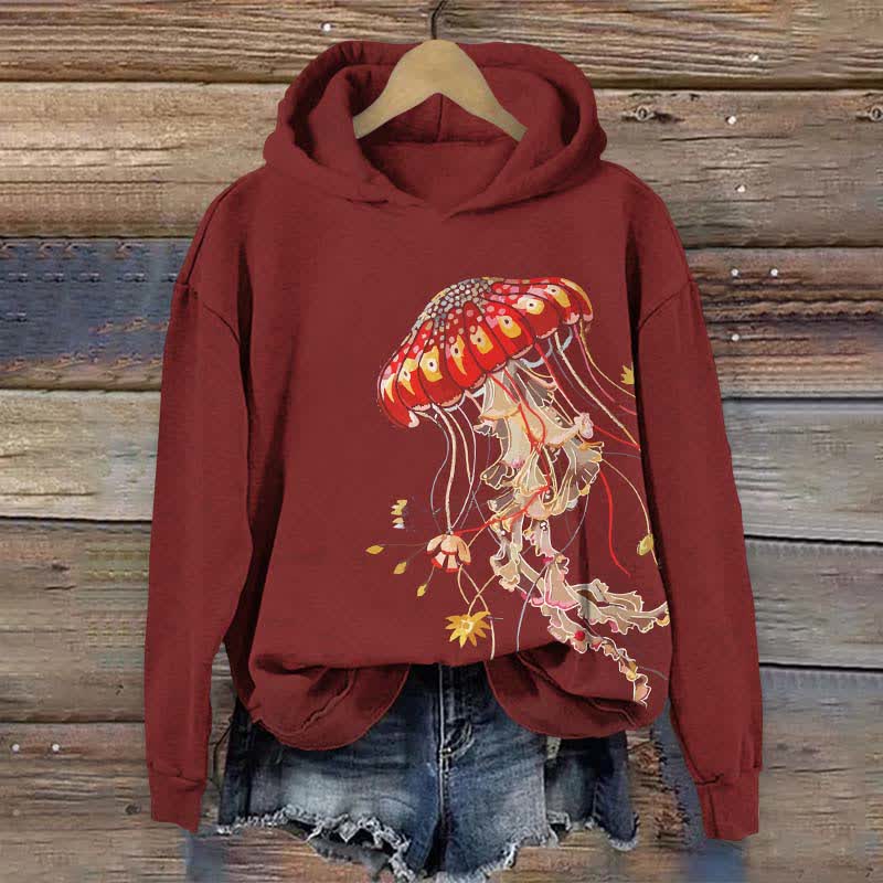 Japanese Creative Fantasy Jellyfish Art Print Long Sleeve Hoodie - Red - US44-46(8XL) - image 6