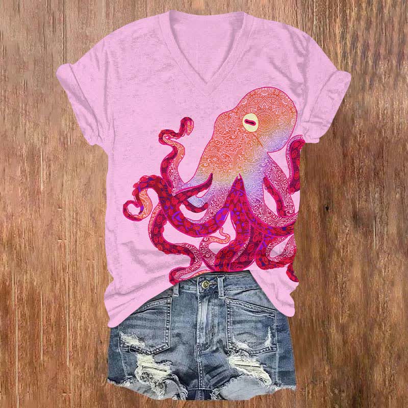 Creative Leisurely Blue-ringed Octopus Art Print V-neck T-shirt - Light Purple - US32-34(5XL) - image 4