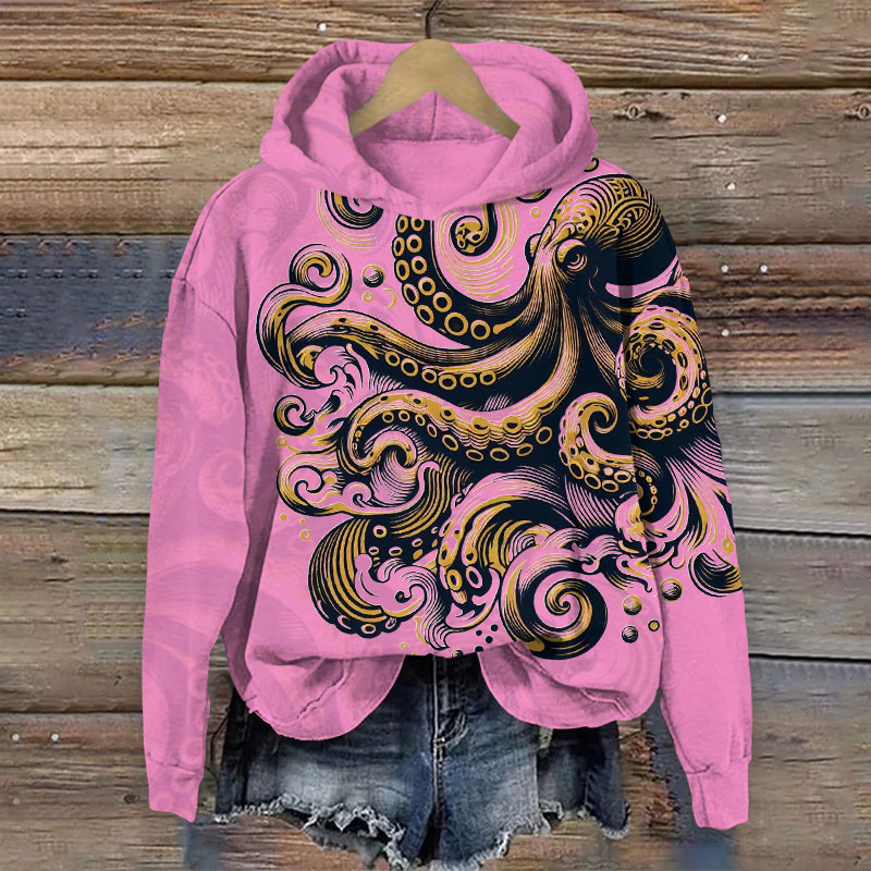 Contrasting Ink Watercolor Octopus Print Long Sleeve Hoodie - Pink - US44-46(8XL) - image 5