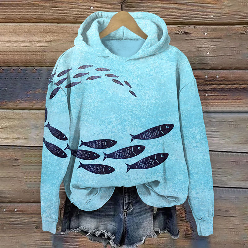 Simple Fish Print Long Sleeve Hoodie - Blue - 8XL - image 1