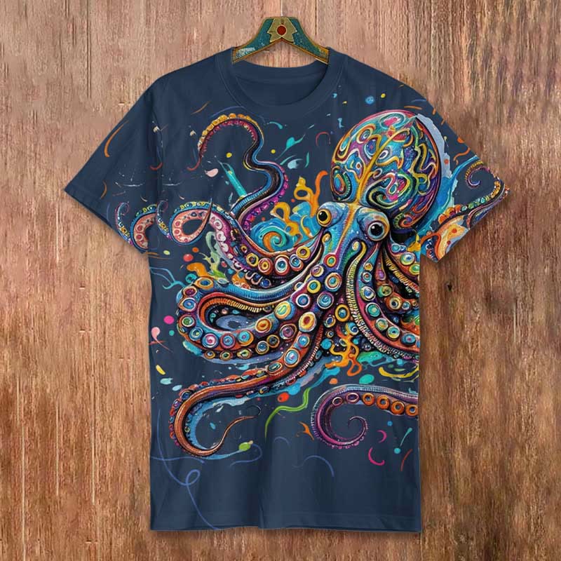 Vintage Rainbow Octopus Art Print Men's Casual T-shirt - Blue - 8XL - image 5