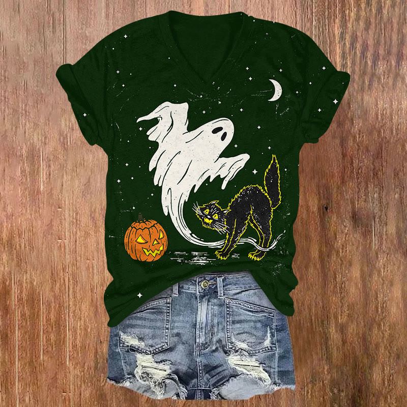 Halloween Ghaot & Cat Print V-neck T-shirt - Dark Green - US32-34(5XL) - image 2