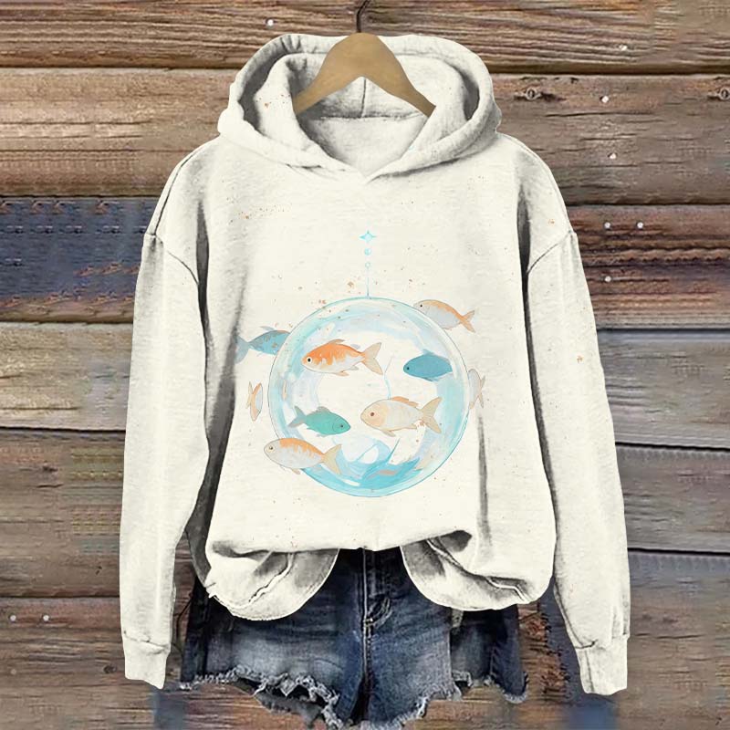 Funny Fish Swimming Around The Transparent Sphere Print Long Sleeve Hoodie - Beige - US44-46(8XL) - image 4