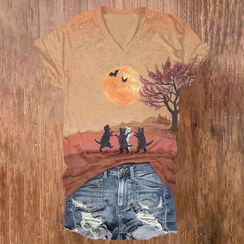 Halloween Cats & Bats Print V-neck T-shirt - Camel - US32-34(5XL) - image 2