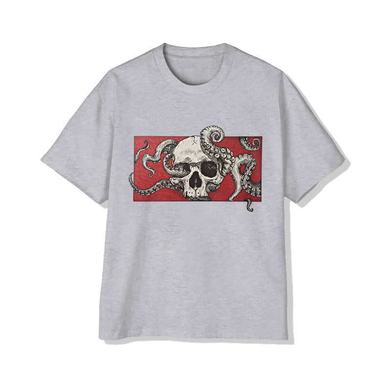 Unisex Skull Octopus Art Pattern Cotton Print T-shirt - Grey - US20-22(3XL) - image 4