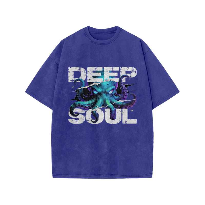 Deep Soul Octopus Print Acid Washed T-shirt - Blue - US20-22(3XL) - image 8