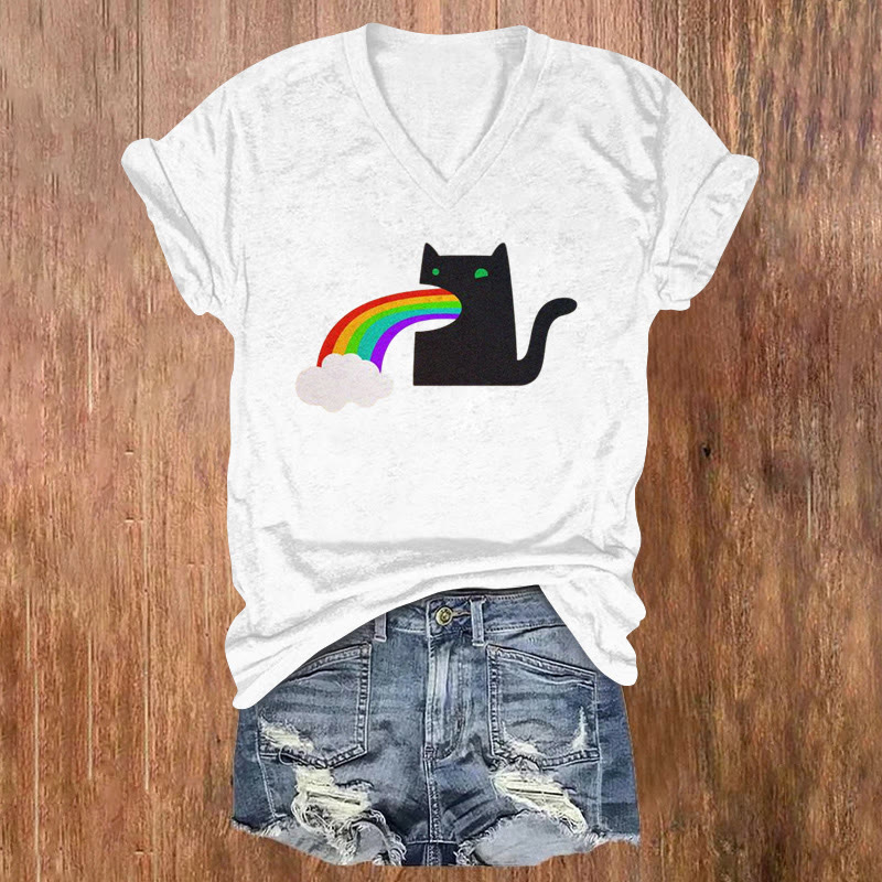 Black Cat Spitting Rainbow Print V-neck Short Sleeve T-shirt - White - US32-34(5XL) - image 3