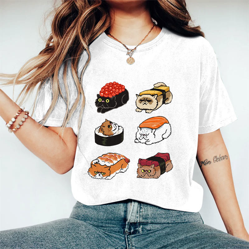 100% Cotton Funny Sushi Cat Art Print T-shirt - White - US16-18(2XL) - image 4