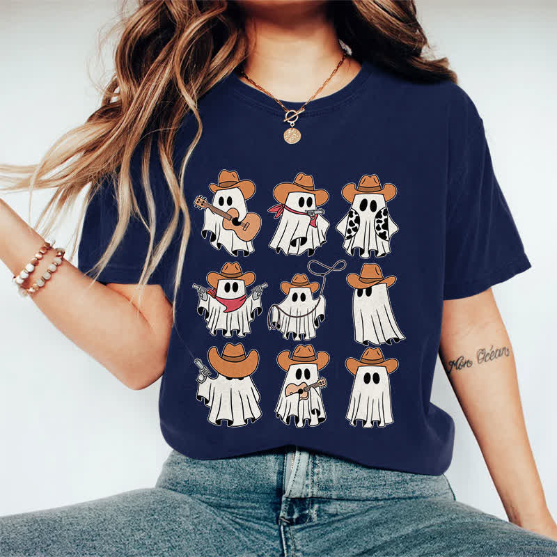 100% Cotton Halloween Funny Cowboy Ghost Art Print T-shirt - Dark Blue - 2XL - image 3