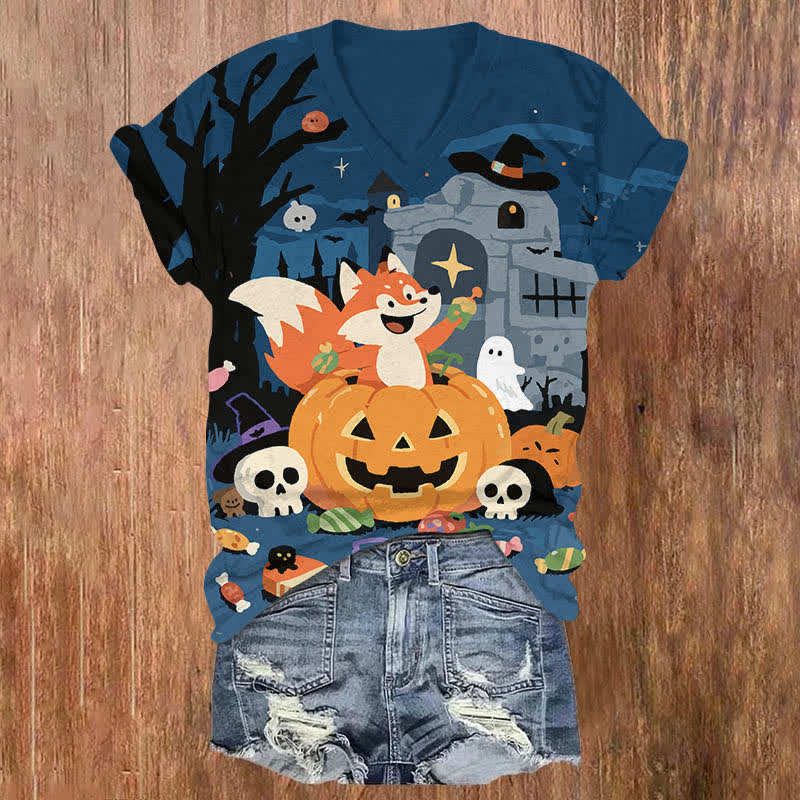 Halloween Cartoon Fox In A Pumpkin Print V-neck T-shirt - Blue - US32-34(5XL) - image 2