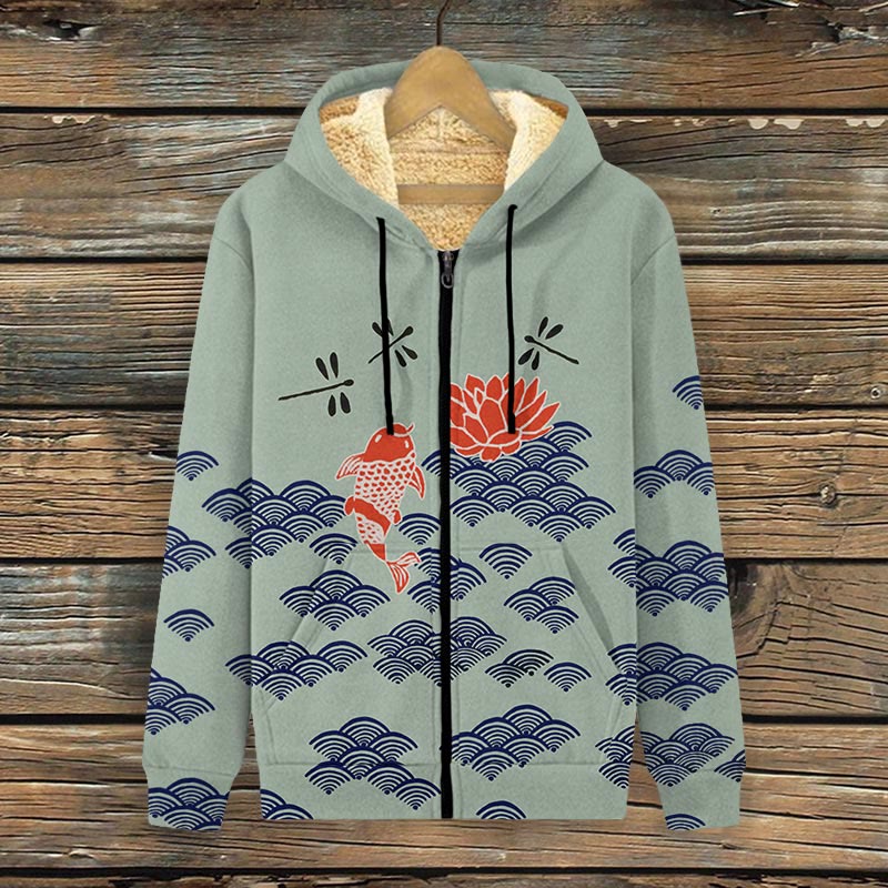 Japanese Style Koi Fish Dragonfly Wave Art Print Fleece Jacket - Green - 4XL - image 4