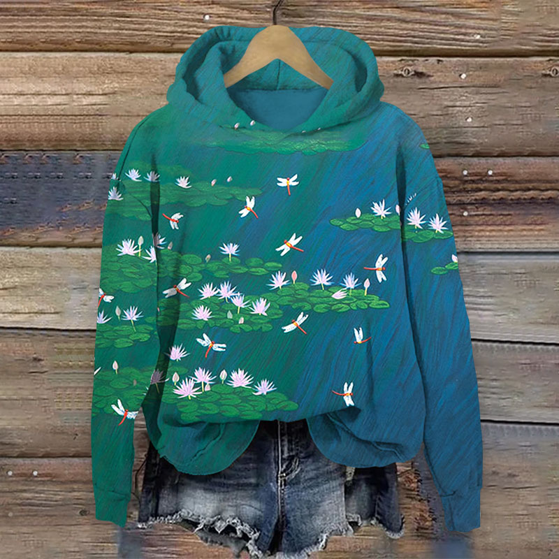 Japanese Style Lotus Pond Dragonfly Art Print Long Sleeve Hoodie - Green - 8XL - image 1