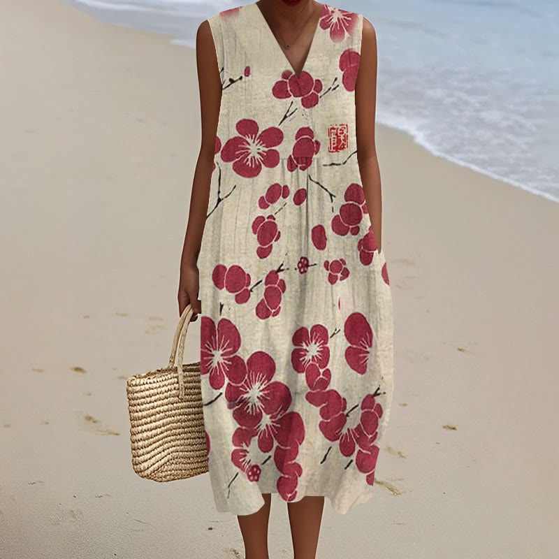 Cherry Blossom Japanese Lino Art Vintage Print V-neck Sleeveless Dress - Rose - 5XL - image 3