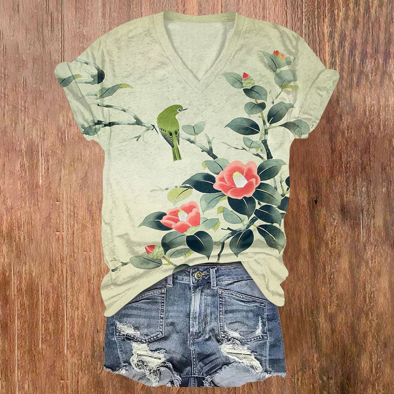 Retro Bird & Flowers Painting Print Short Sleeved V-neck T-shirt - Green - US32-34(5XL) - image 1