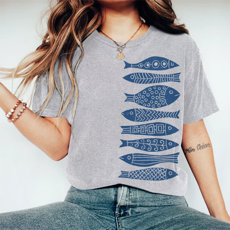 100% Cotton Fish Japanese Lino Art Print Casual T-shirt - Grey - 2XL - image 6