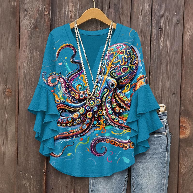 Vintage Rainbow Octopus Art Print V-neck Half Sleeve Blouse - Lake Blue - 5XL - image 6