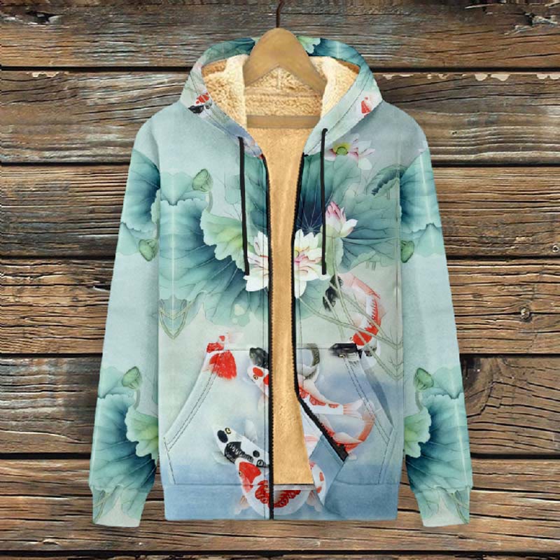 Women's Cute Goldfish And Lotus Blossom Art Print Fleece Jacket - image 2