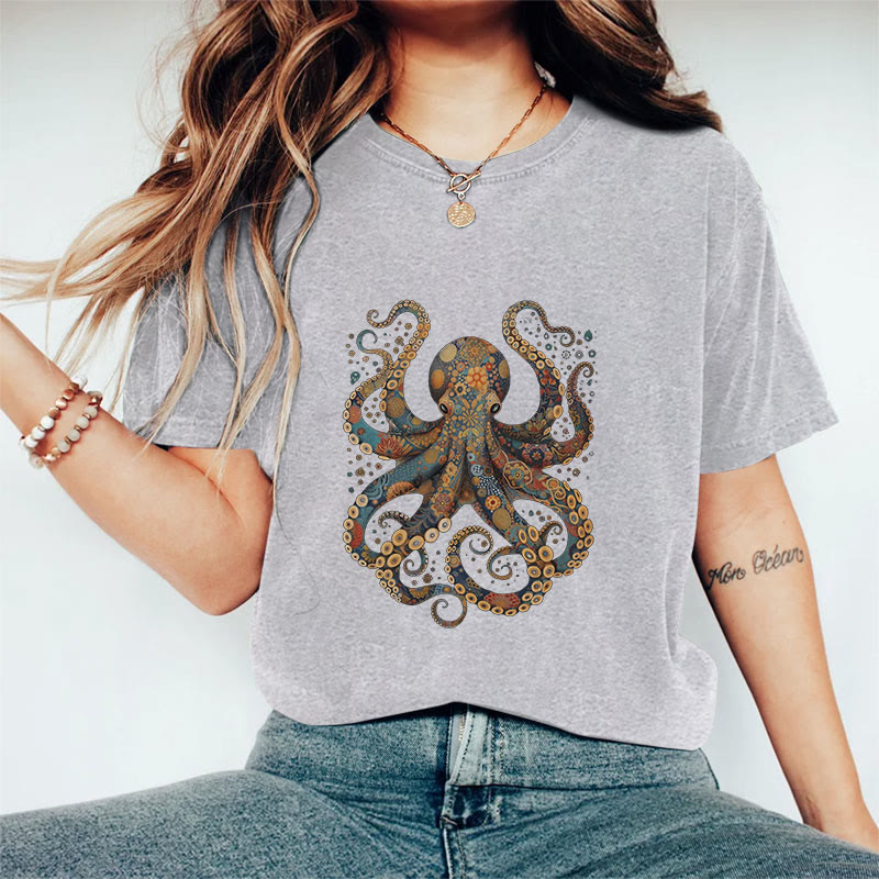 100% Cotton Vintage Flower Patterns Floral Octopus T-shirt - Grey - 2XL - image 3