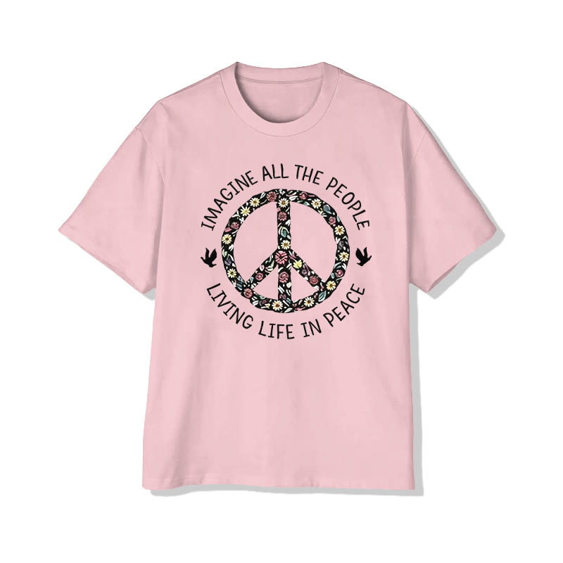 Unisex Imagine All The People Living Life In Peace Pattern Cotton Print T-shirt - Pink - US20-22(3XL) - image 5