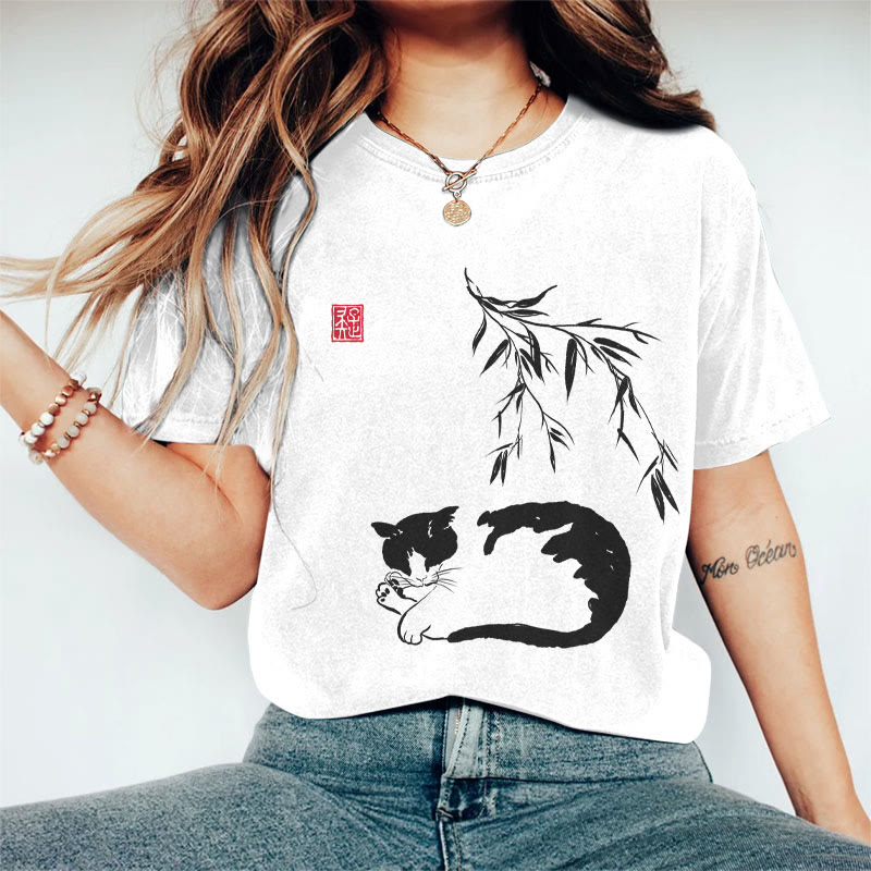 100% Cotton Women's Japanese Sleeping Cat Under Bamboo Art Print Casual T-shirt - White - 2XL - image 2