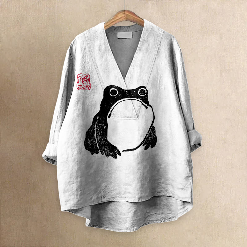 Frog Ancient Japanese Art Printed Casual V-neck Blouse - White - 6XL - image 2