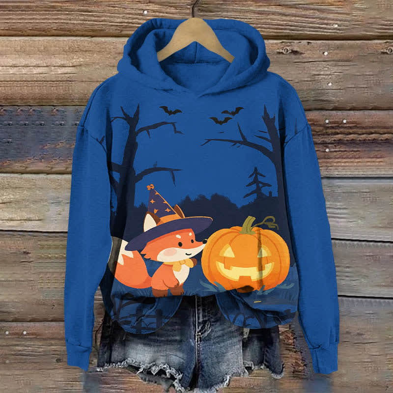 Halloween Night Cute Wizard Fox & Pumpkin Art Print Long Sleeve Hoodie - Blue - US44-46(8XL) - image 4