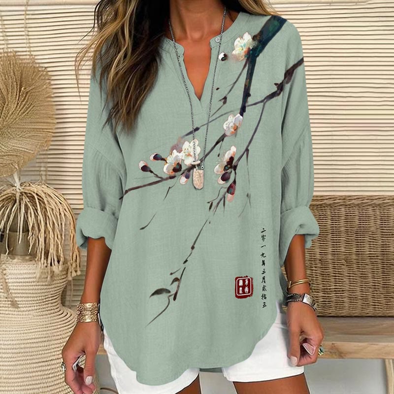 Dashingsoul Vintage Plum Blossom Art Print V Neck Long Sleeve Blouse