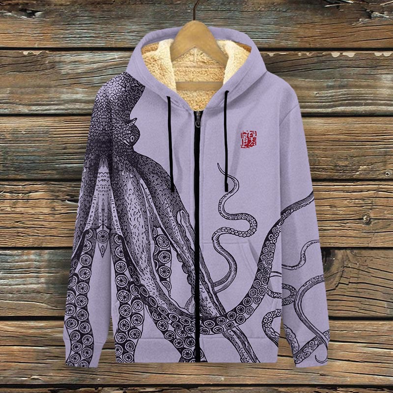 Japanese Art Octopus And Crab Print Fleece Jacket - Purple - 4XL - image 5