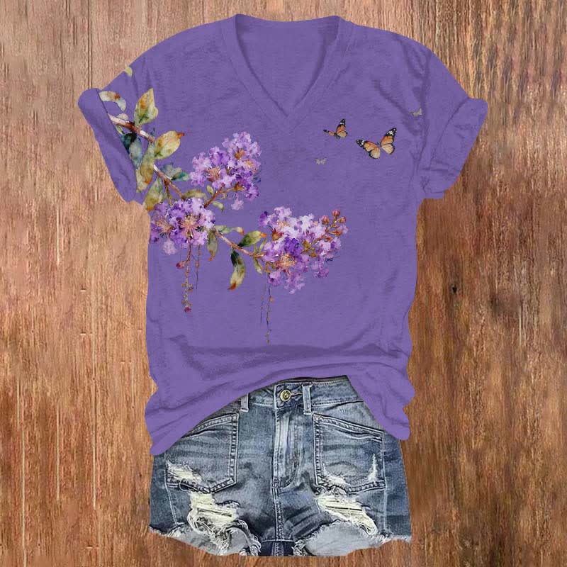 Vintage Crape Myrtle Flower Art Print V-neck T-shirt - Purple - US32-34(5XL) - image 4