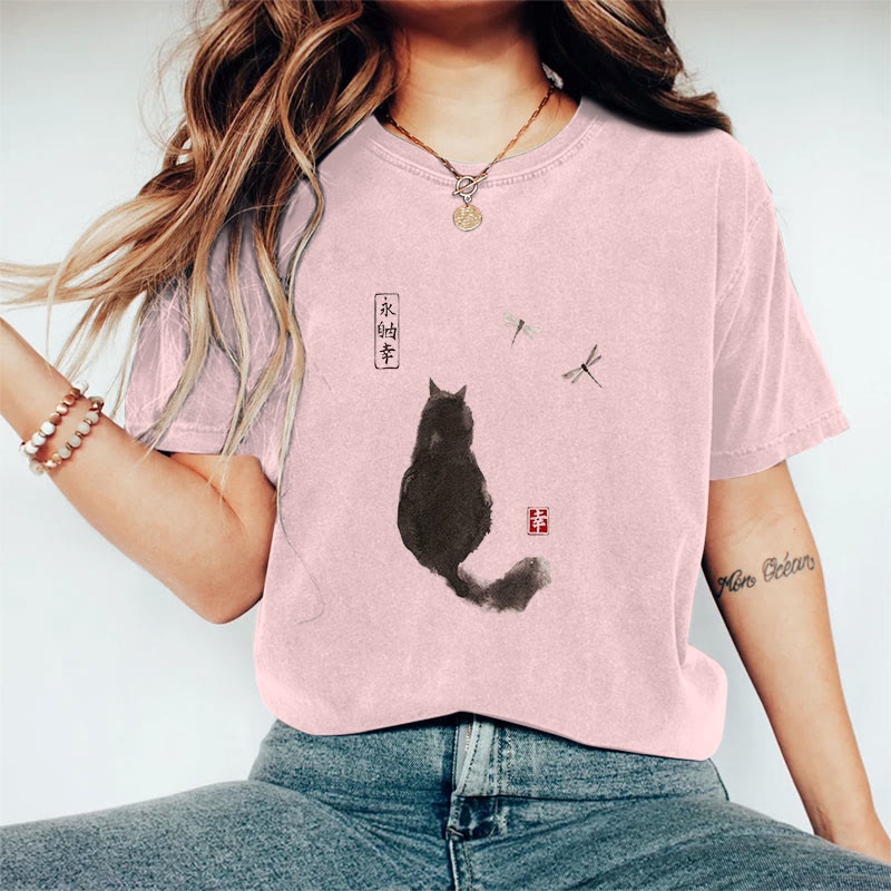 Dashingsoul 100% Cotton Ink Painting Black Cat Japanese Art Print Women's T-shirt