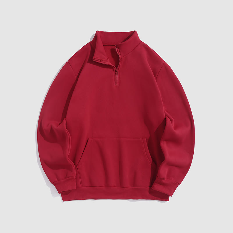 100% Cotton Solid Color Stand Collar Zipper Casual Fleece Sweatshirt - Red - 2XL - image 9