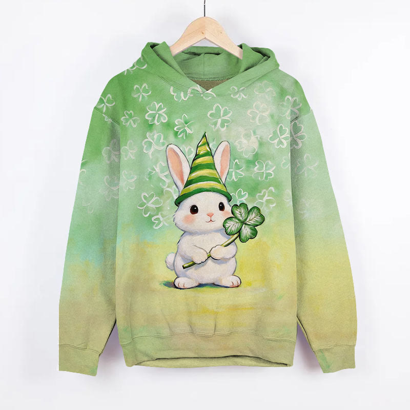 St. Patrick's Day Wizard Hat Bunny Art Print Long Sleeve Hoodie - Green - US44-46(8XL) - image 3