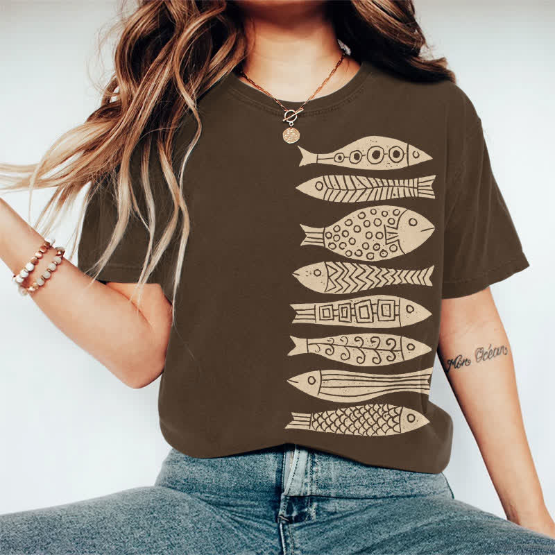 100% Cotton Fish Japanese Lino Art Print Casual T-shirt - Coffee - 2XL - image 12