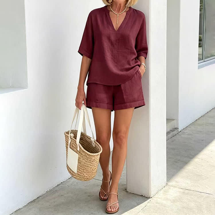 Cozy Solid Notched collar Short Sleeves Blouse & Short Set - Wine - 3XL - image 4