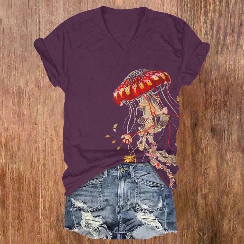 Japanese Creative Fantasy Jellyfish Art Print V-neck T-shirt - Purple - US32-34(5XL) - image 5