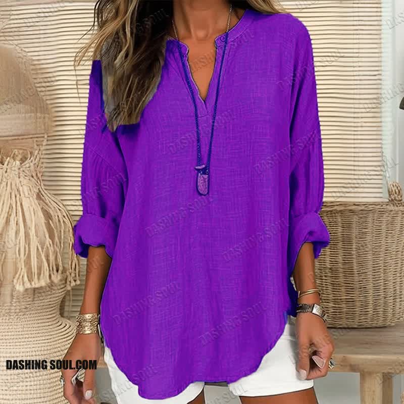 Women's Solid Color V Neck Long Sleeve Blouse