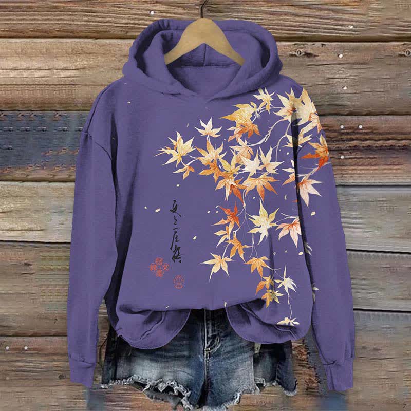 Japanese Watercolor Maple Leaf In Fall Art Print Long Sleeve Hoodie - Purple - US44-46(8XL) - image 4