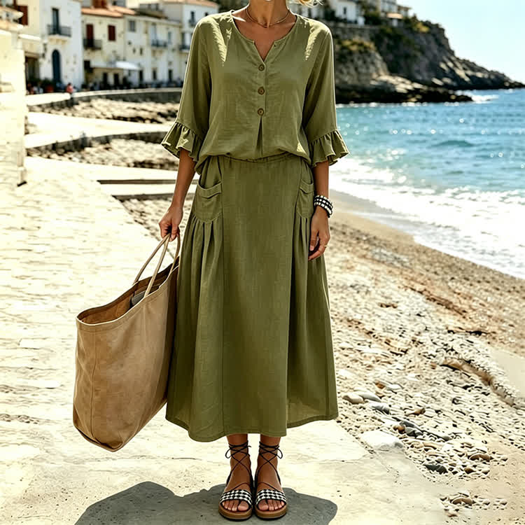 Solid Button V-neck Ruffle Sleeves Blouse & Solid Pocket Skirt Set - image 15