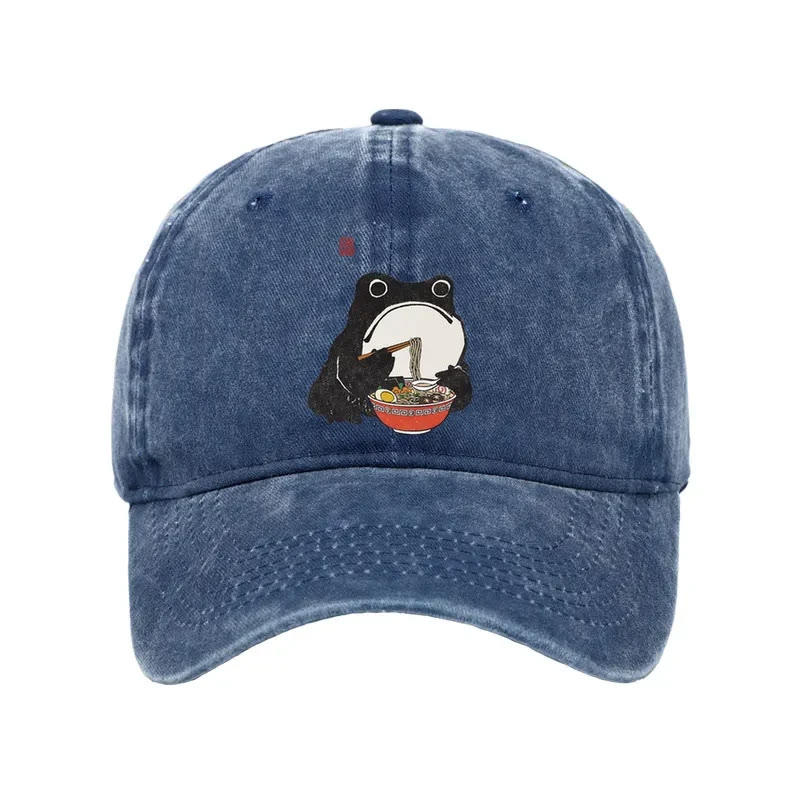 Unisex 100% Cotton Funny Frog Eating Ramen Vintage Print Cap - Blue - one size - image 5